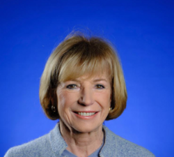 Portrait of Dr. Dominique Haumont smiling in front a blue background.