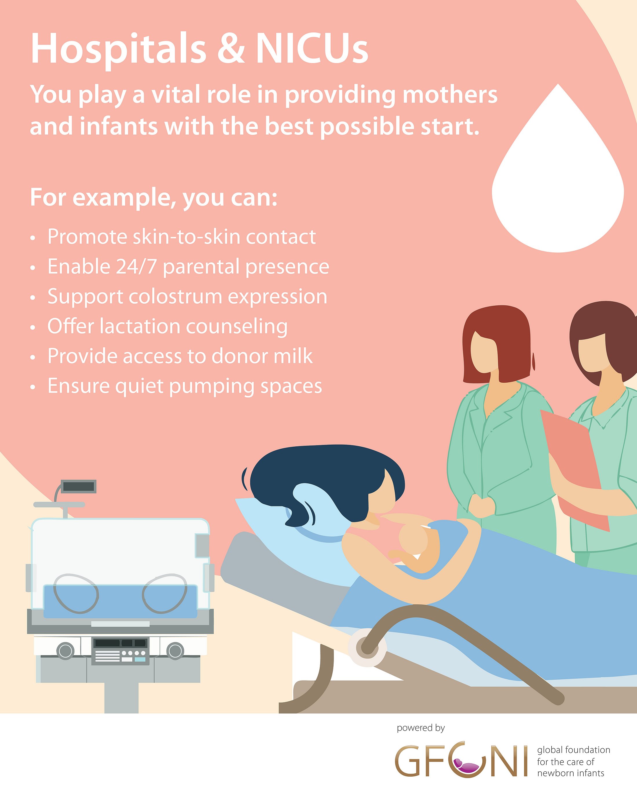 Illustration of NICU setting with mother breastfeeding and healthcare staff offering support.