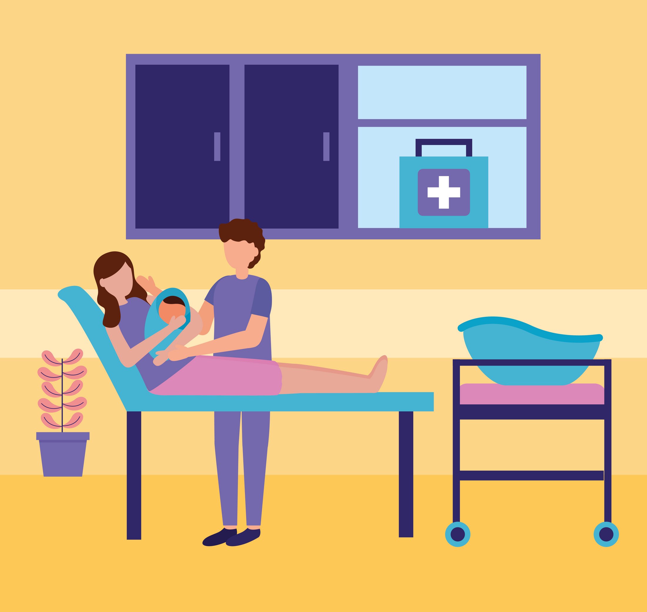 Parent holding a preterm infant on a hospital bed with a partner nearby in a neonatal care setting, illustrating parental quality of life and family-centered care.