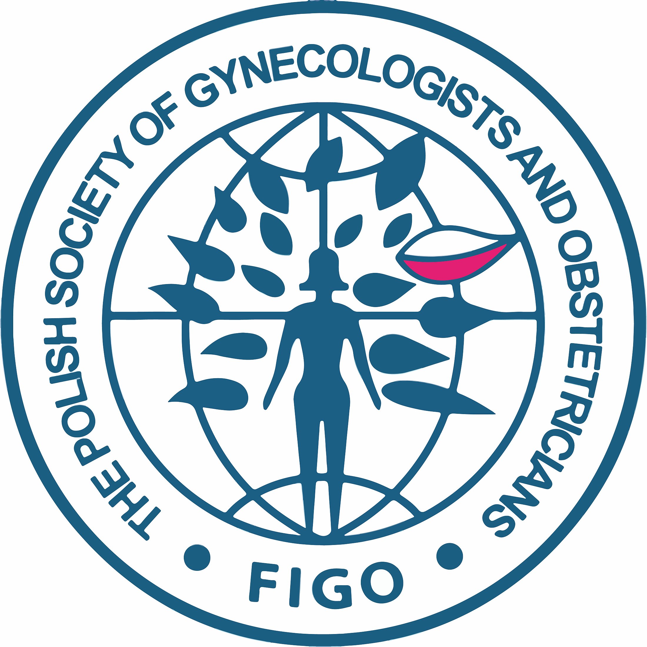 Circular blue logo of the Polish Society of Gynecologists and Obstetricians featuring a human figure, tree, globe, and pink bowl.
