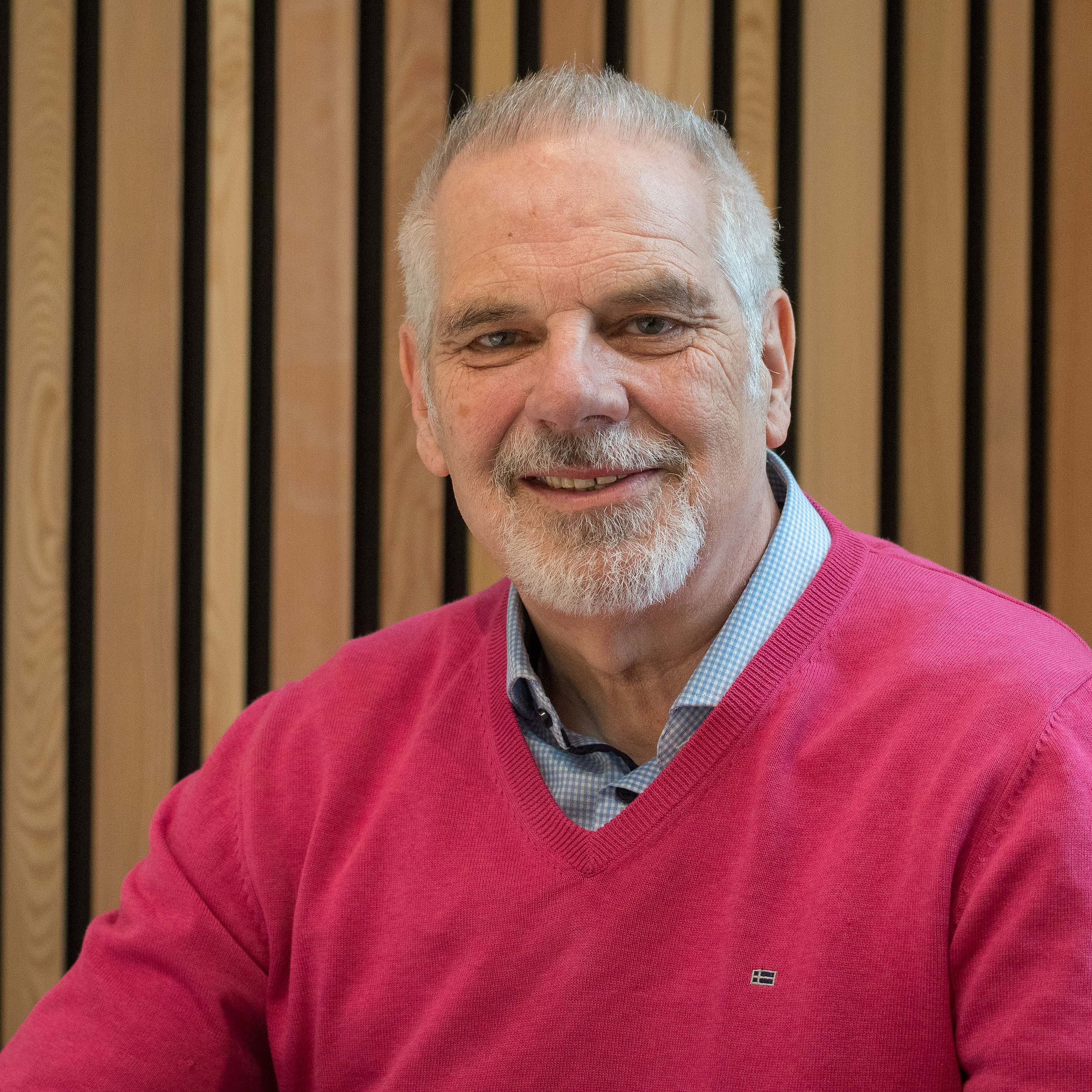 Portrait of Professor Dieter Wolke smiling in a red sweater in front of a striped wall.