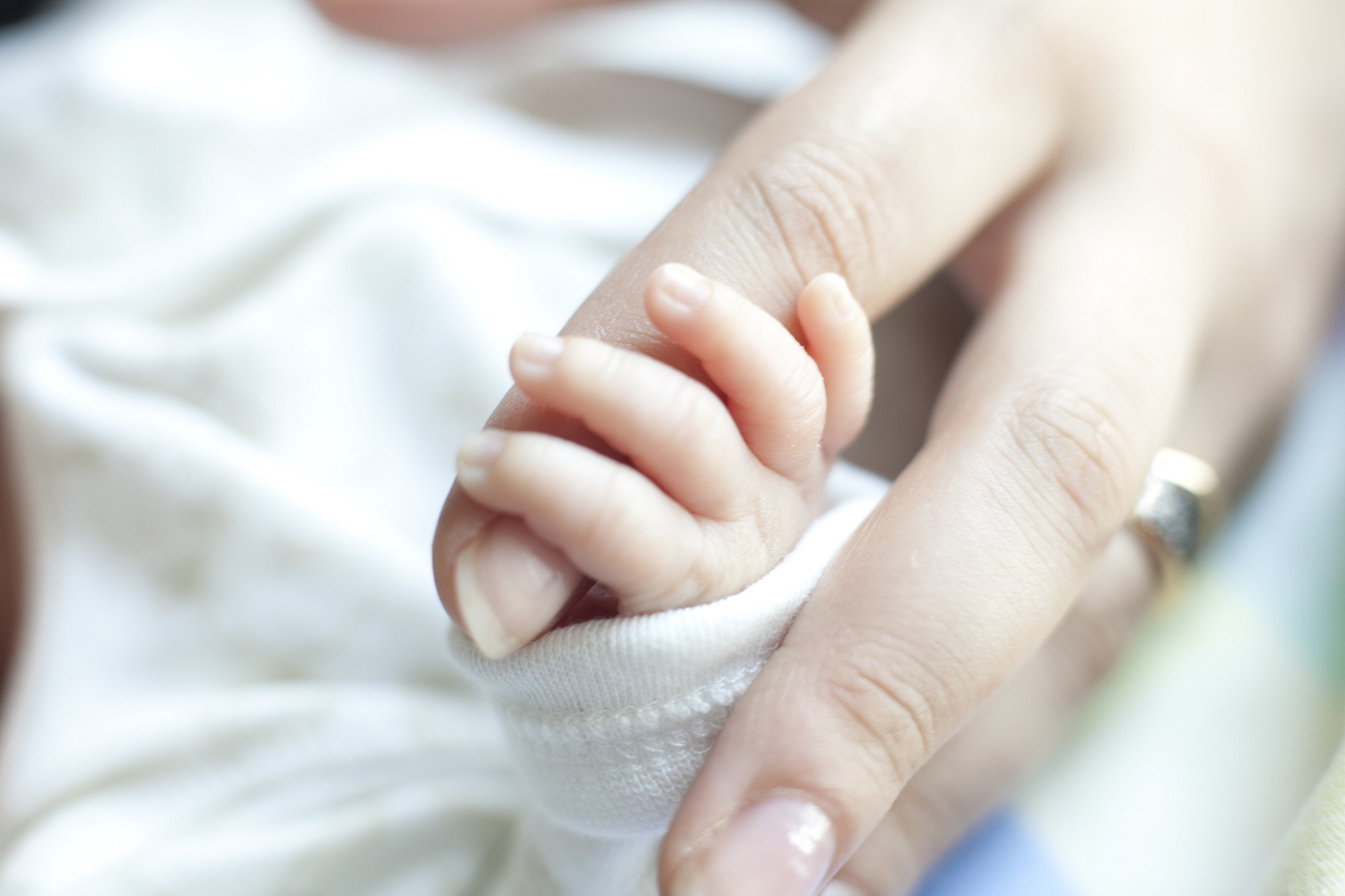 Preterm Infant Holding a Caregiver’s Finger Close-up of a preterm infant’s small hand wrapped around a caregiver’s finger.