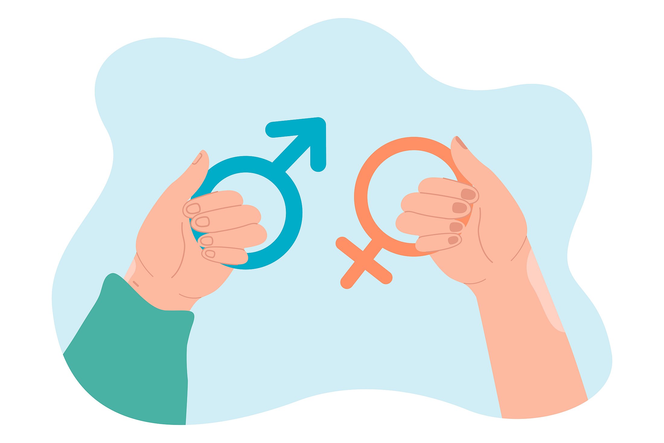Flat illustration of two hands holding a blue male symbol and an orange female symbol against a light blue background. The image represents sex differences in early childhood health among children born preterm.