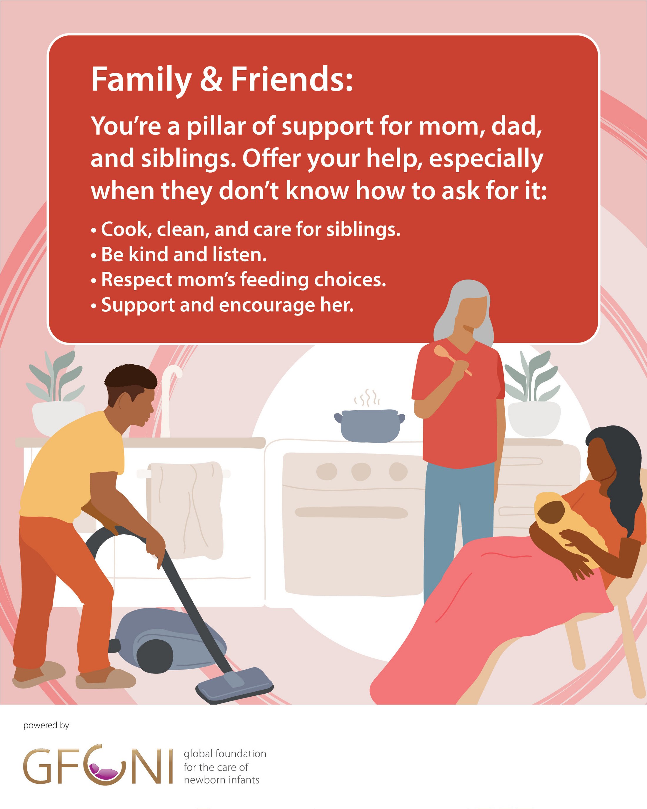 Infographic showing family members or friends helping with chores while mother breastfeeds, with practical tips on how family and friends can be involved.