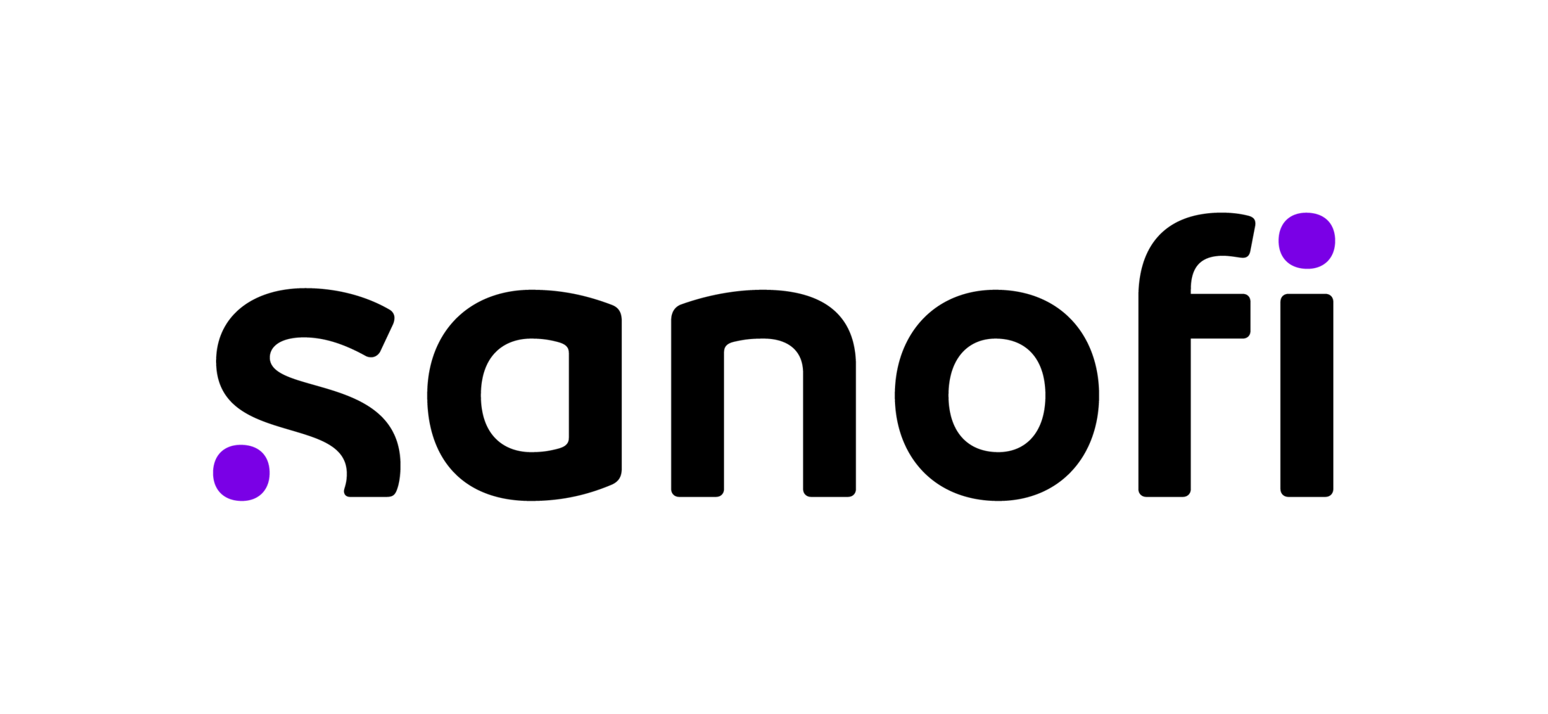 Sanofi logo in black with two purple circular accents.