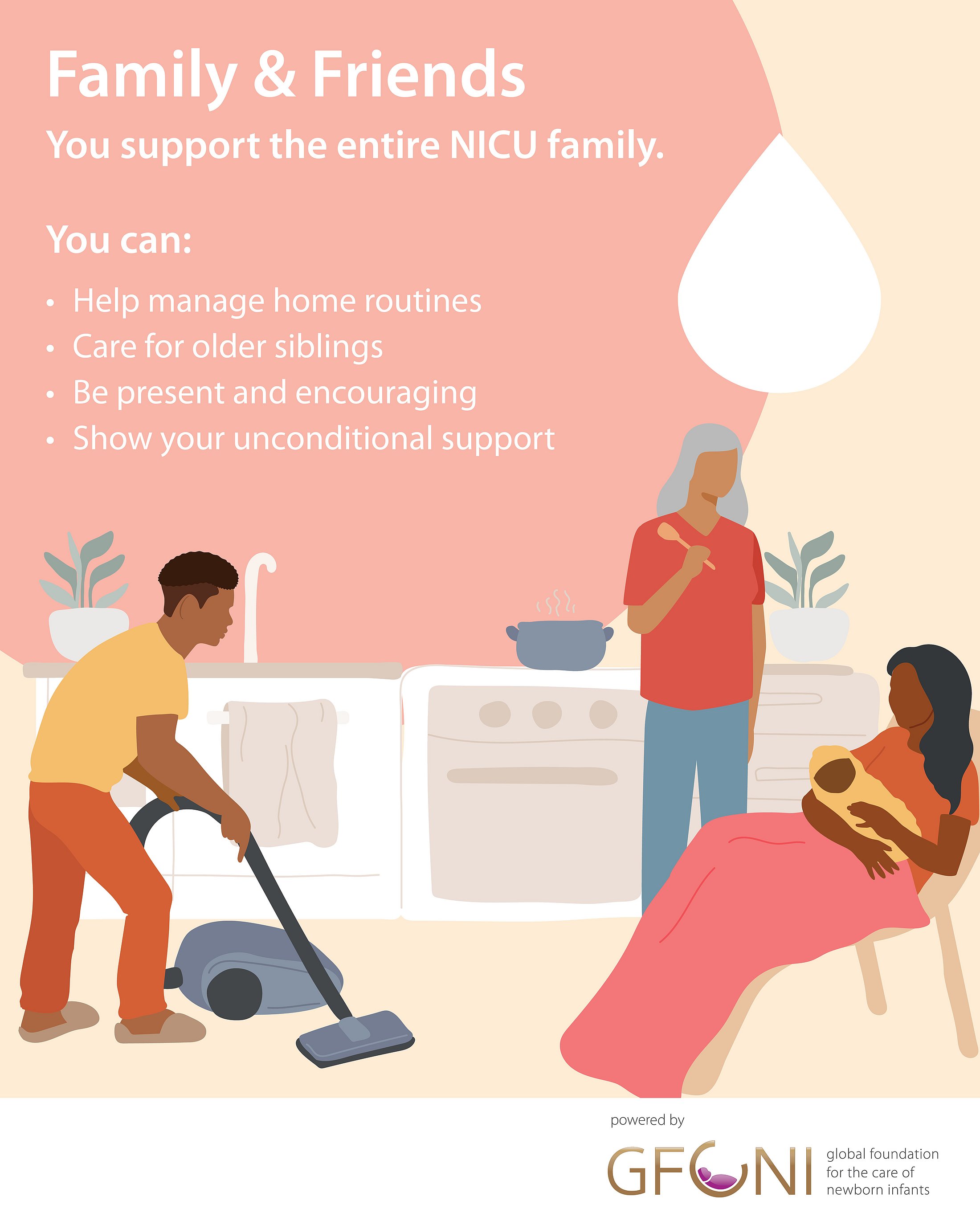 Infographic showing family members or friends helping with chores while mother breastfeeds, with practical tips on how family and friends can be involved.