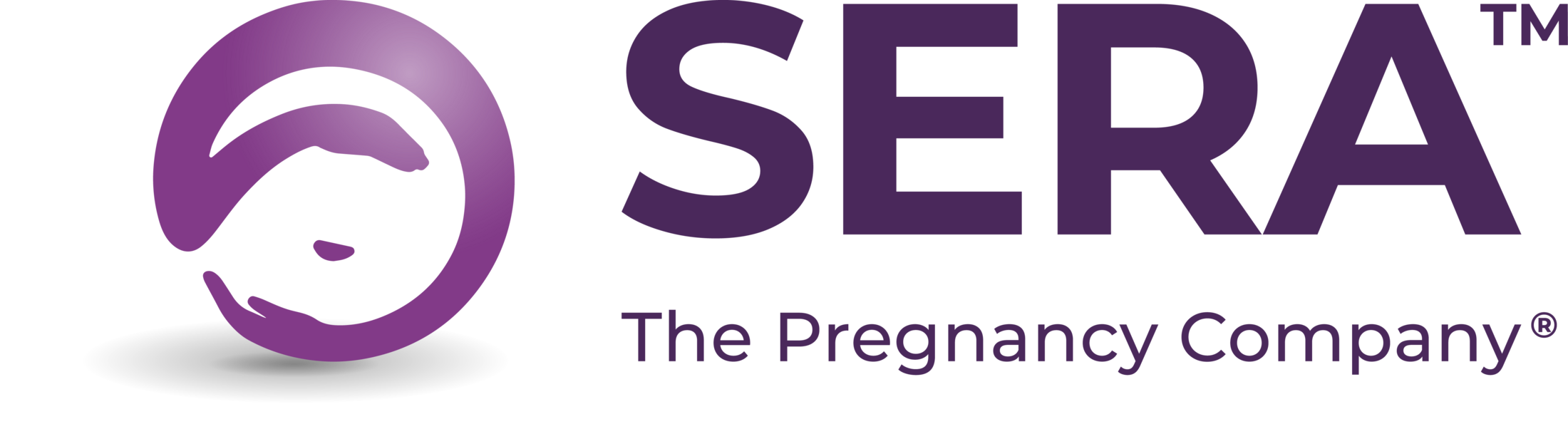 Purple SERA logo with a stylized parent and baby icon and the tagline “The Pregnancy Company.”