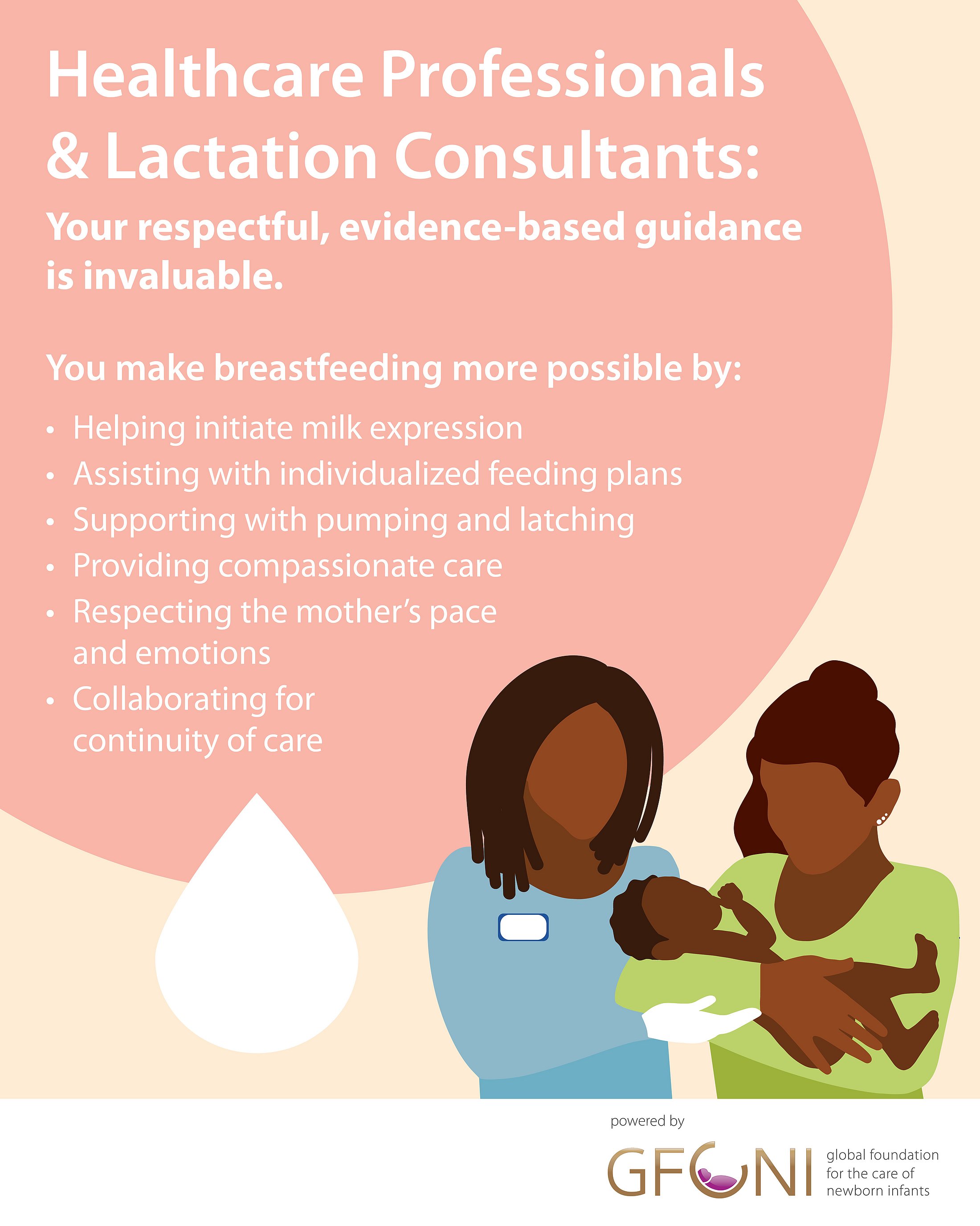 Infographic showing a mother with her baby and a lactation consultant, with tips how HCPs and lactation consultants can support breastfeeding NICU mothers.