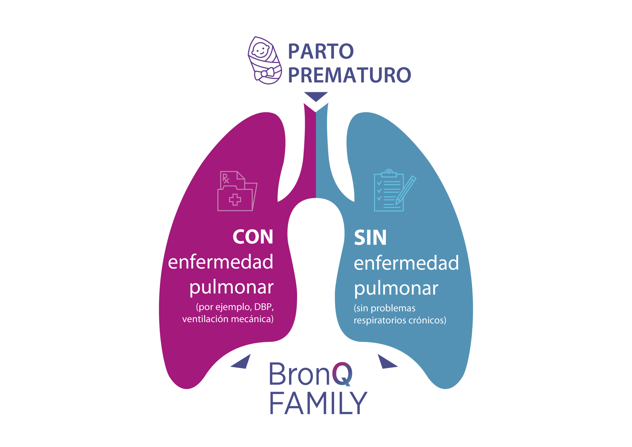 PARTO PREMATURO: Con enfermedad pulmonar (por ejemplo, DBP, ventilación mecánica), Sin enfermedad pulmonar (sin problemas respiratorios crónicos)