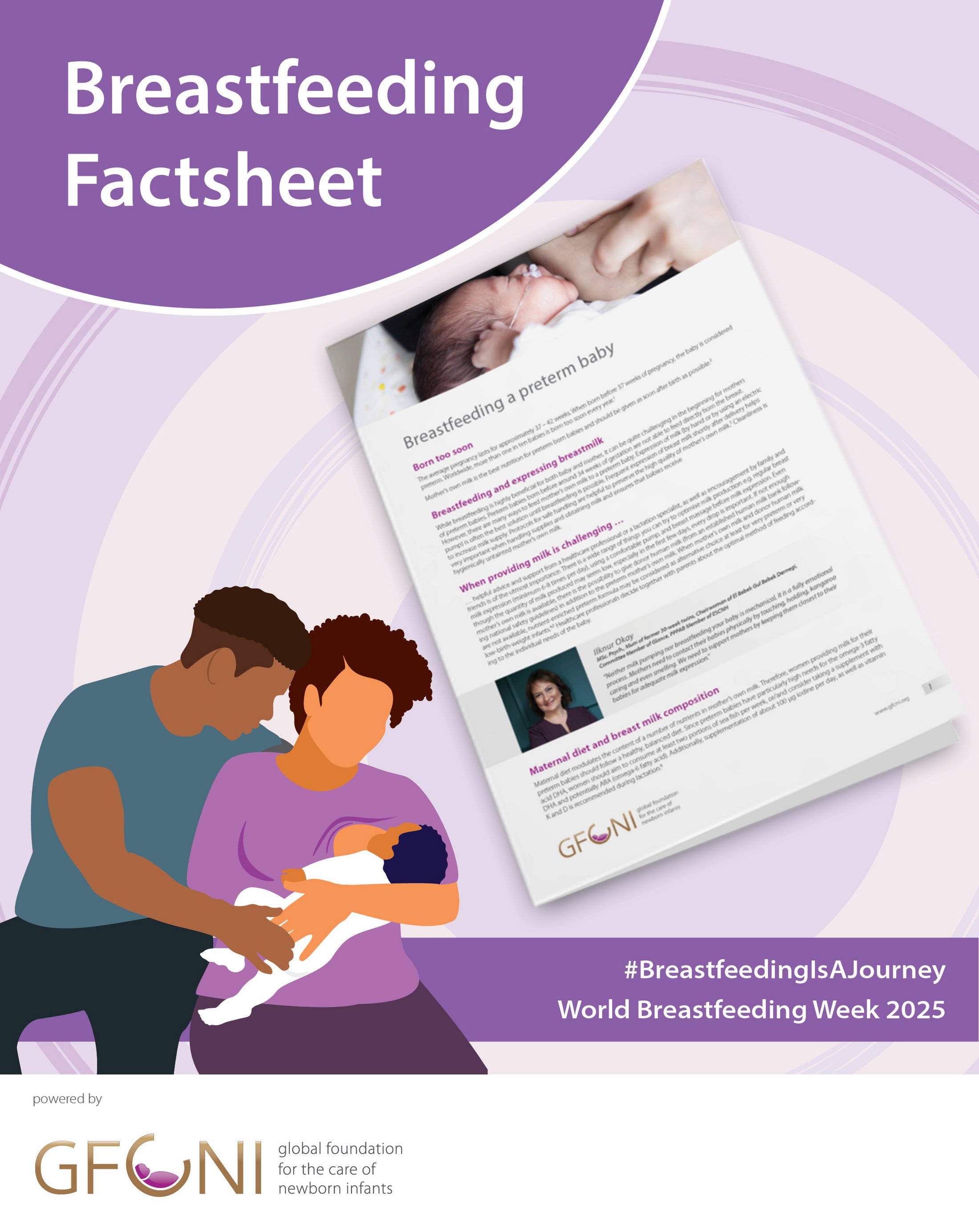 Illustrated factsheet titled "Breastfeeding a preterm baby" with infographic and expert quotes.