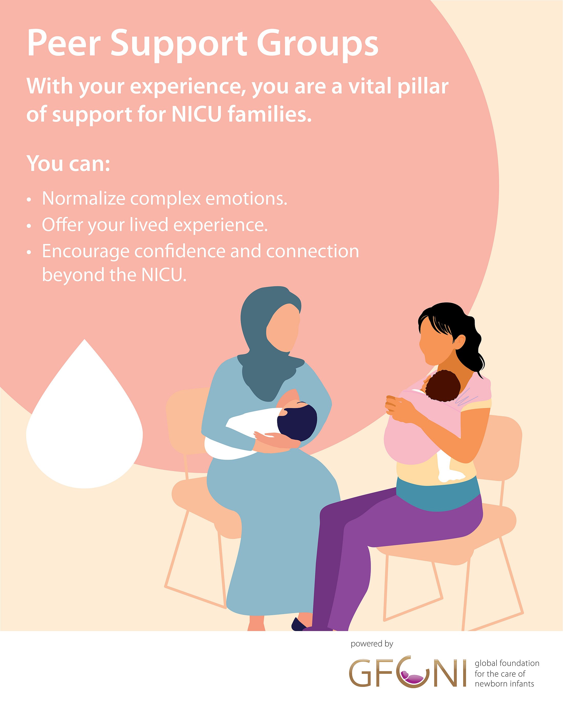 Infographic showing two mothers sharing support while holding their babies, with tips how peer support groups can help breastfeeding mothers.