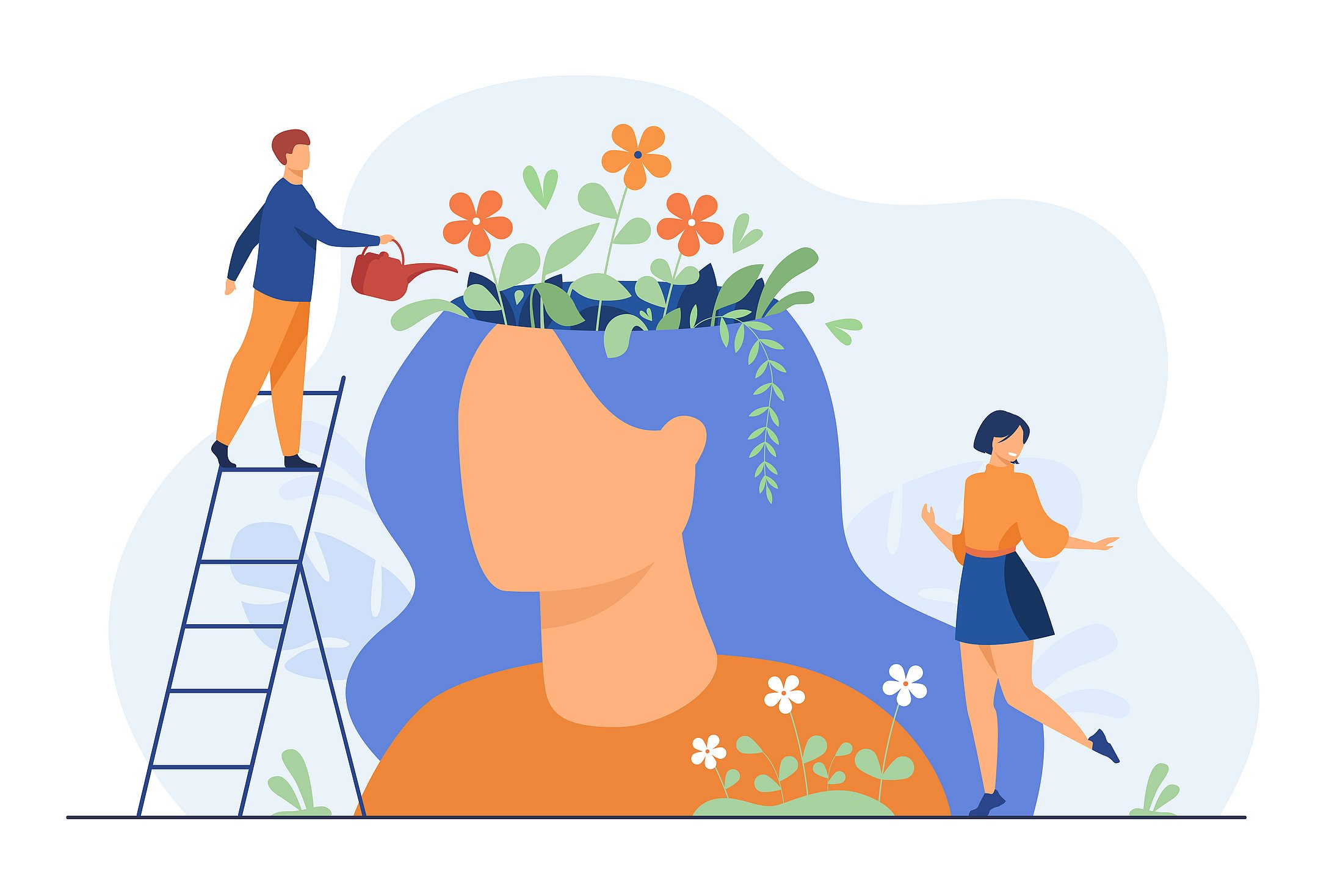 Psychosocial Support and Parental Mental Health Flat illustration of a man on a ladder watering flowers that grow from a large head, while a smiling woman walks nearby. The image symbolizes psychosocial support and nurturing parental mental health in the NICU.