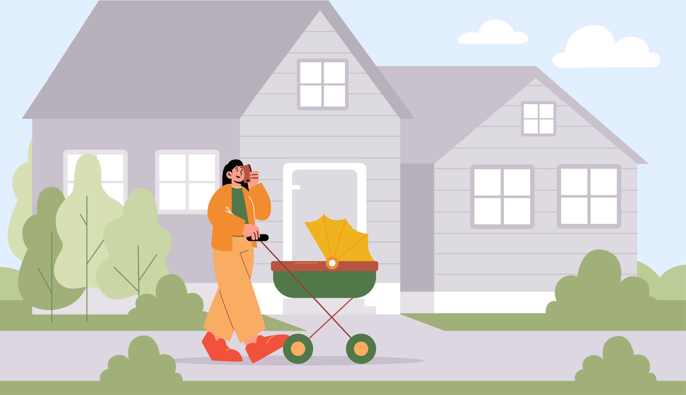 A caregiver walks outside a house while pushing an infant stroller, representing the transition to home after hospital discharge in neonatal care.