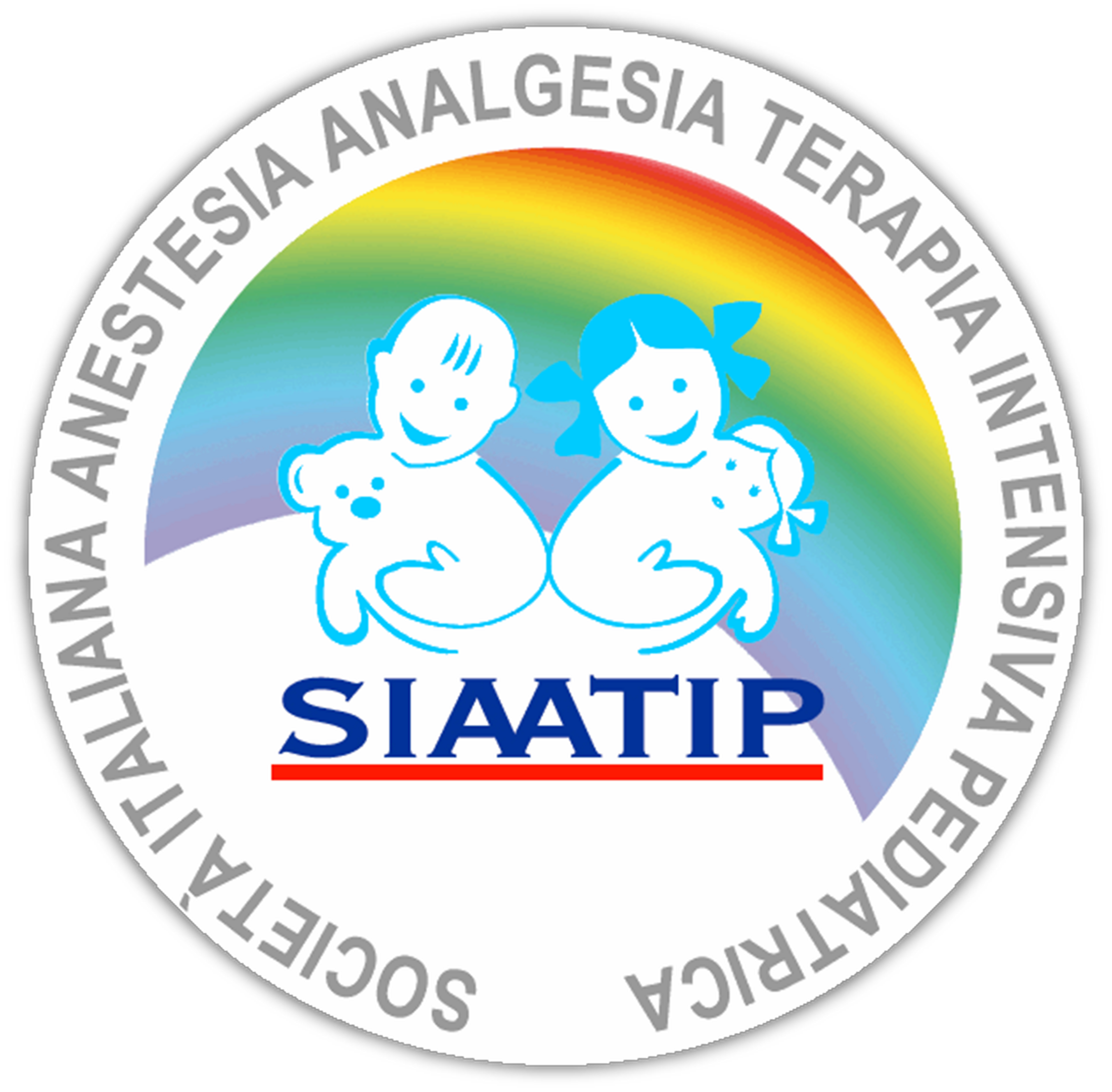 Circular SIAATIP logo featuring two illustrated children under a rainbow with the society’s Italian name around the border.