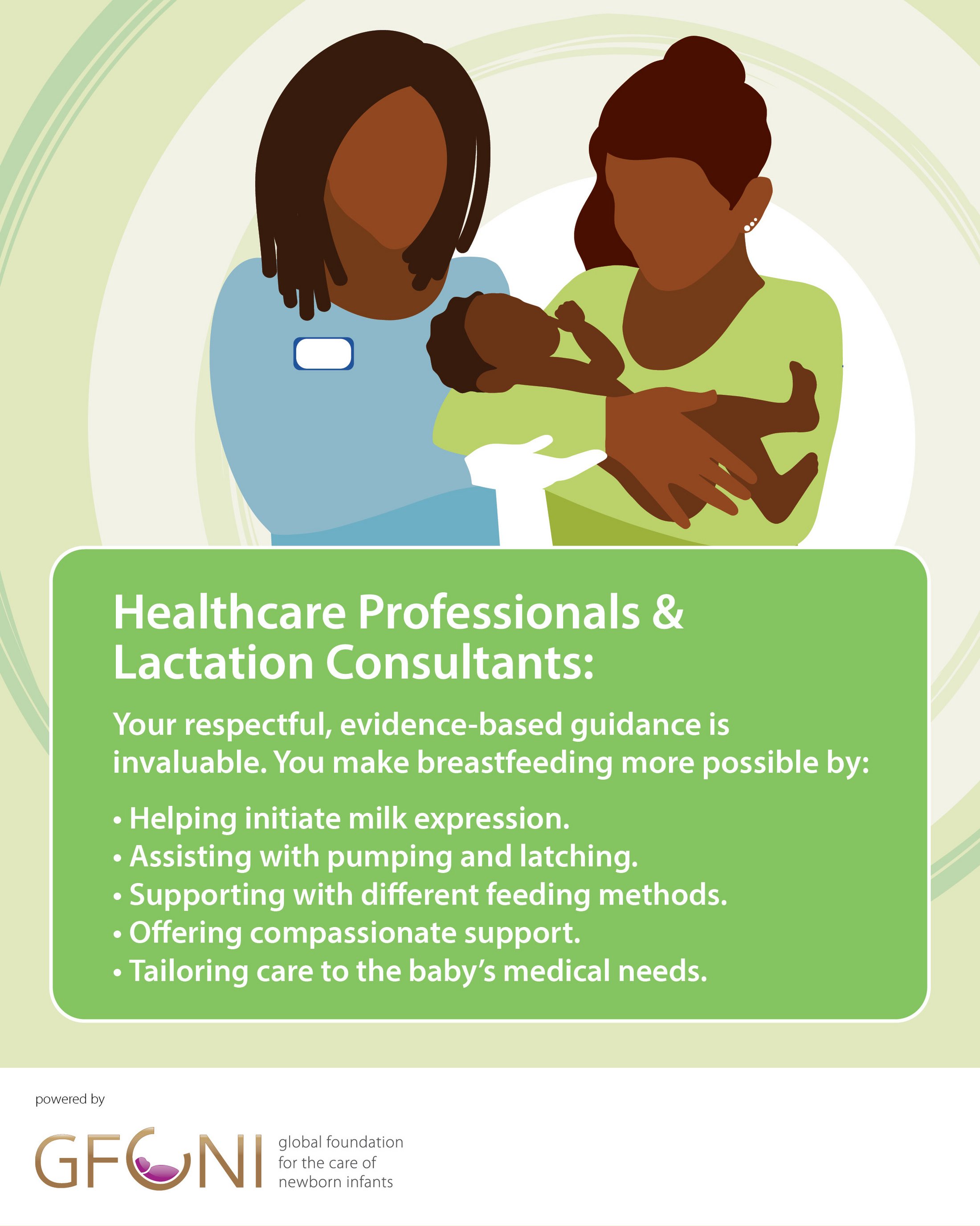 Infographic showing a mother with her baby and a lactation consultant, with tips how HCPs and lactation consultants can support breastfeeding NICU mothers.