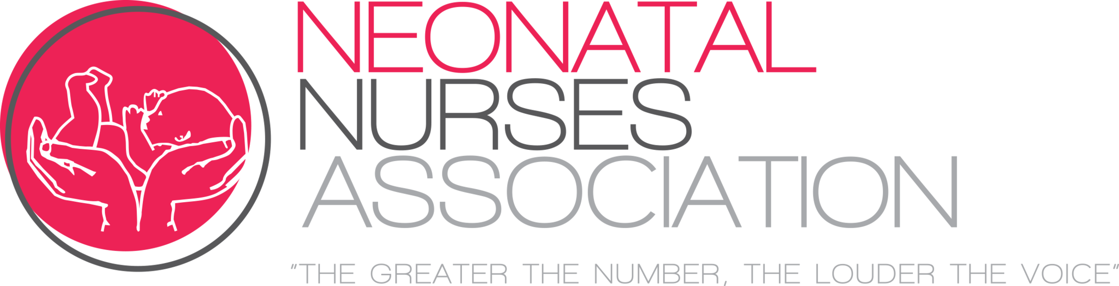 Pink, white, and gray Neonatal Nurses Association logo featuring a newborn resting in two hands.
