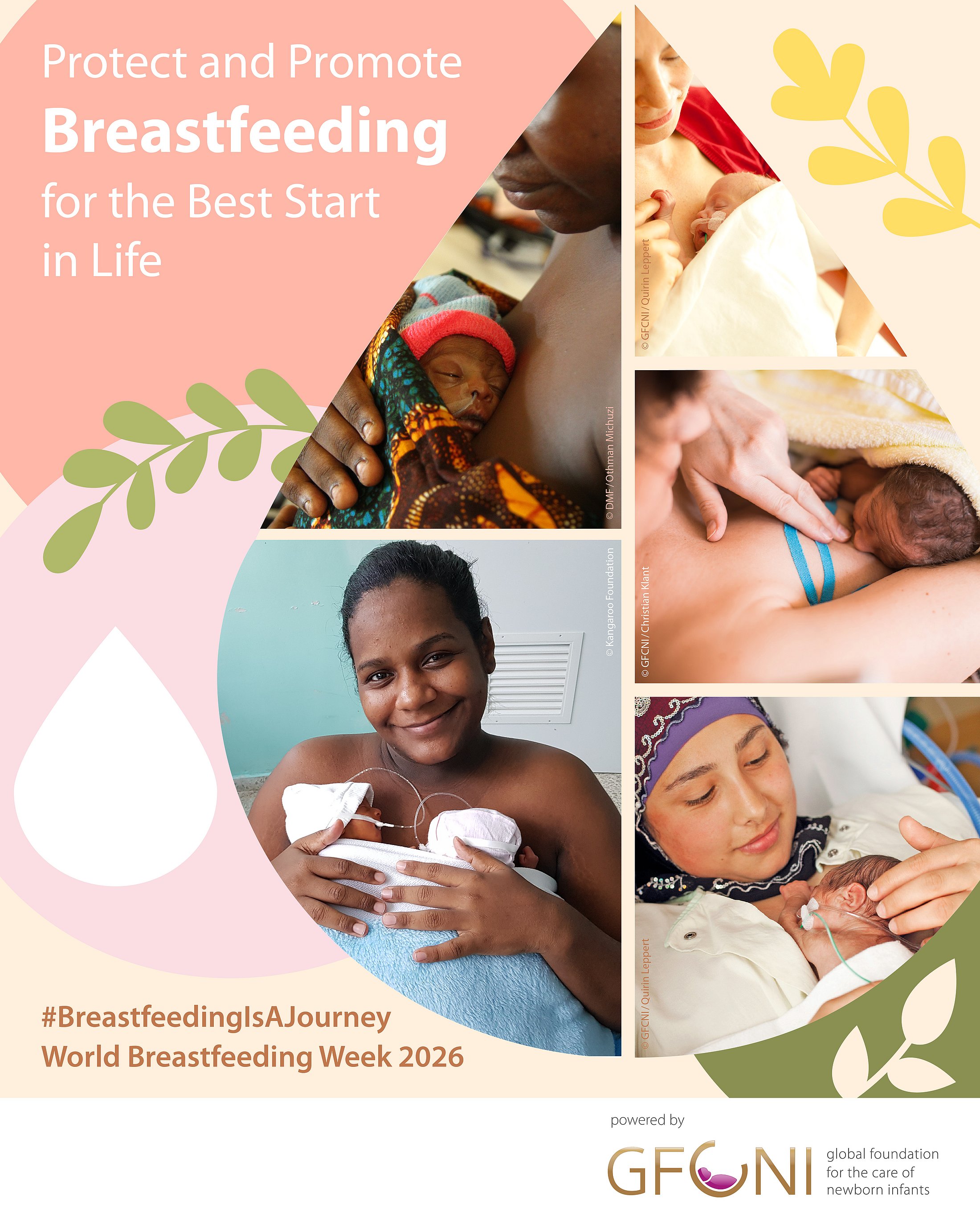 World Breastfeeding Week 2026 social media graphic with the slogan "Protect and Promote Breastfeeding for the Best Start in Life", featuring mothers breastfeeding and providing Kangaroo Mother Care in different settings.