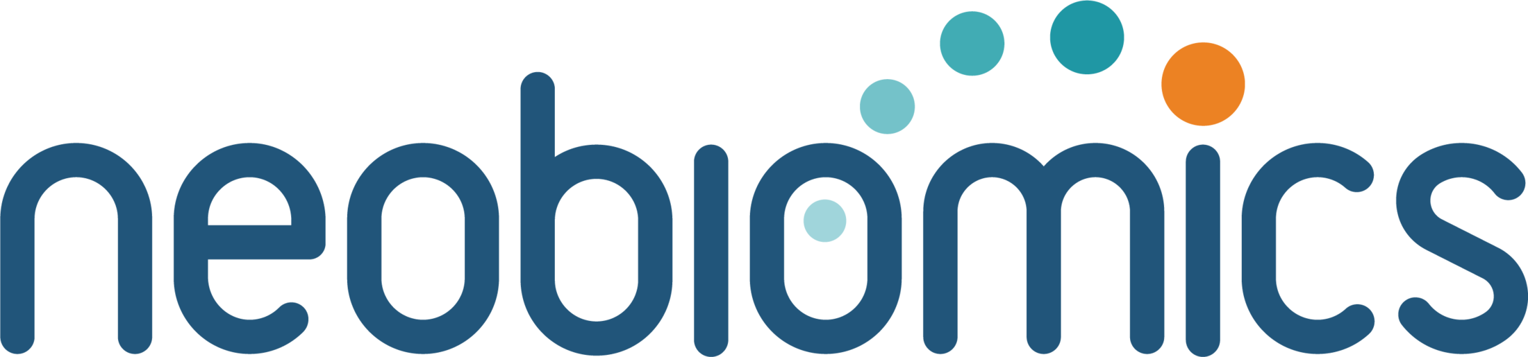 Neobiomics logo with blue-green letters and an arch of lighter-shaded circles extending from the 'o' to the 'i'. The 'i's dot is orange.