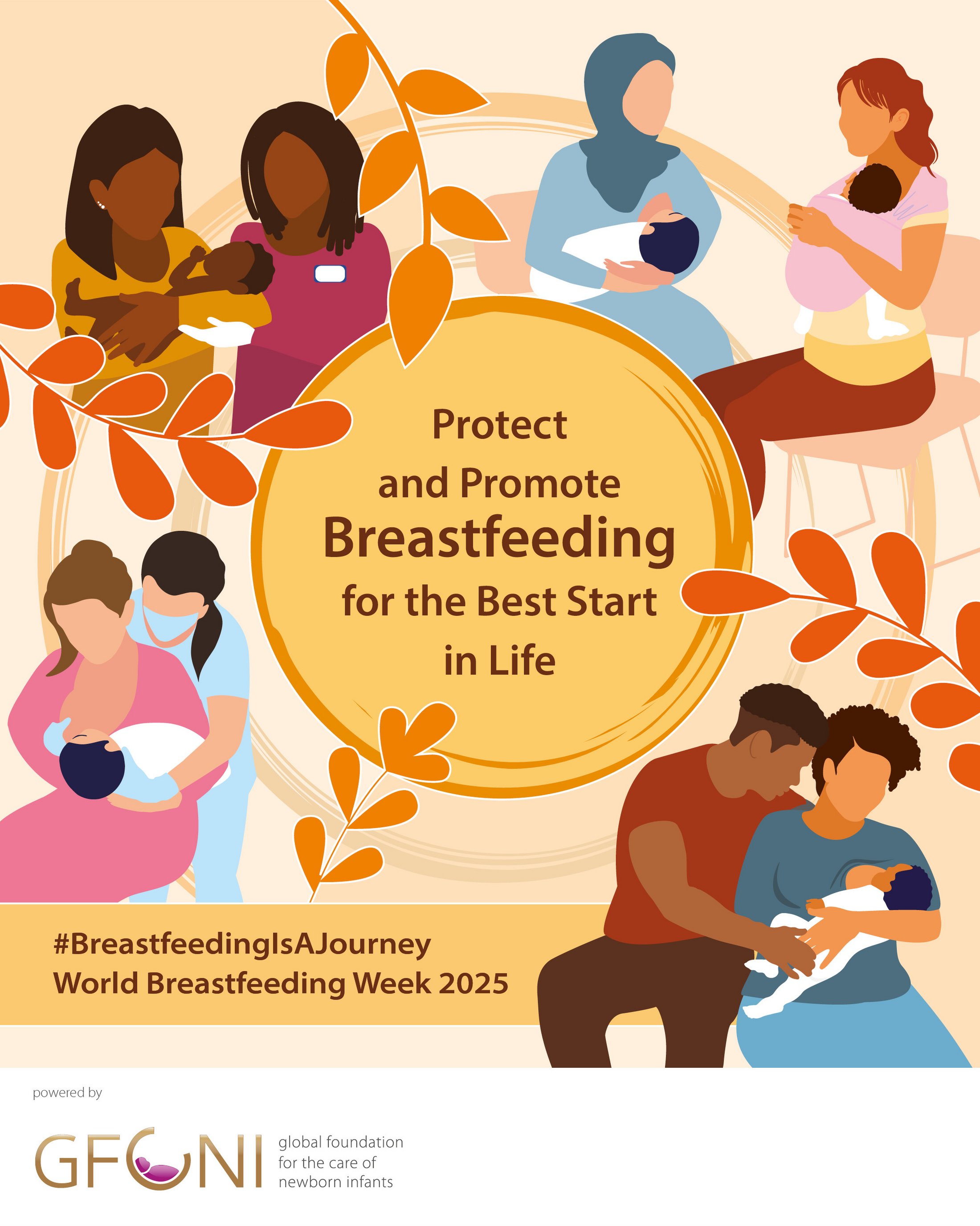 World Breastfeeding Week 2025 social media graphic with the slogan "Protect and Promote Breastfeeding for the Best Start in Life", illustrating different situations of breastfeeding support.