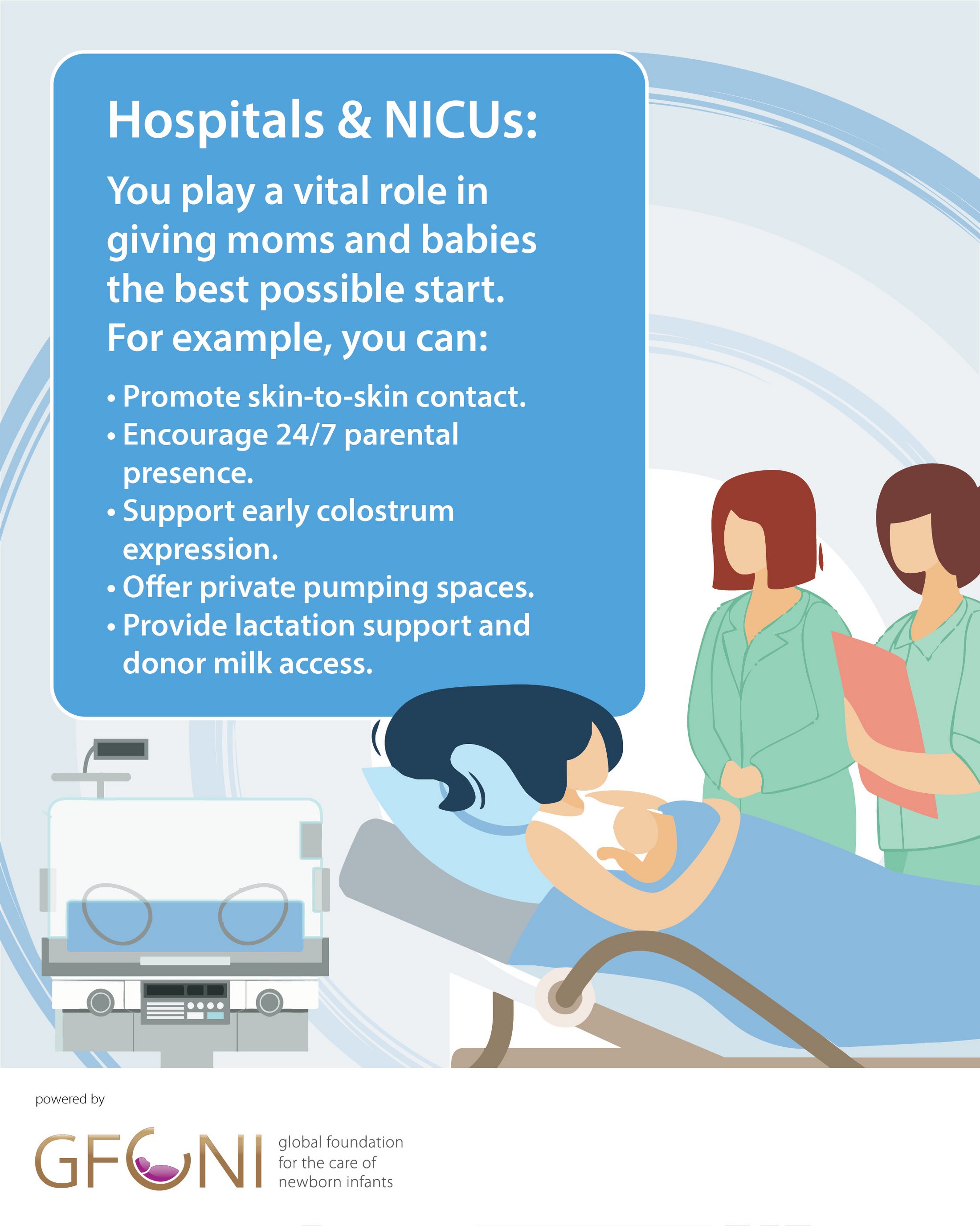 Illustration of NICU setting with mother breastfeeding and healthcare staff offering support.