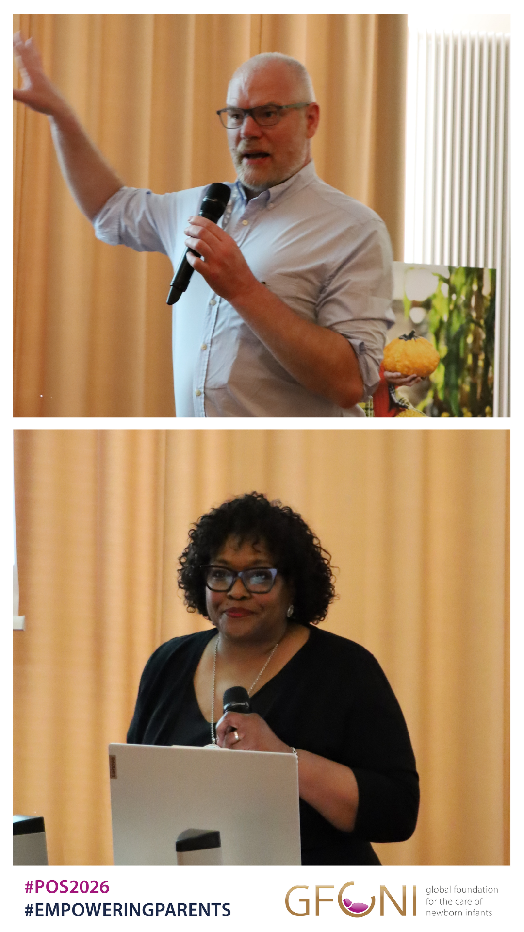 POS 2026 Day 2 Presentations – Trauma and Neonatal Care Two speakers presenting on stage at the GFCNI POS 2026, discussing trauma-informed approaches and neonatal care during conference sessions.
