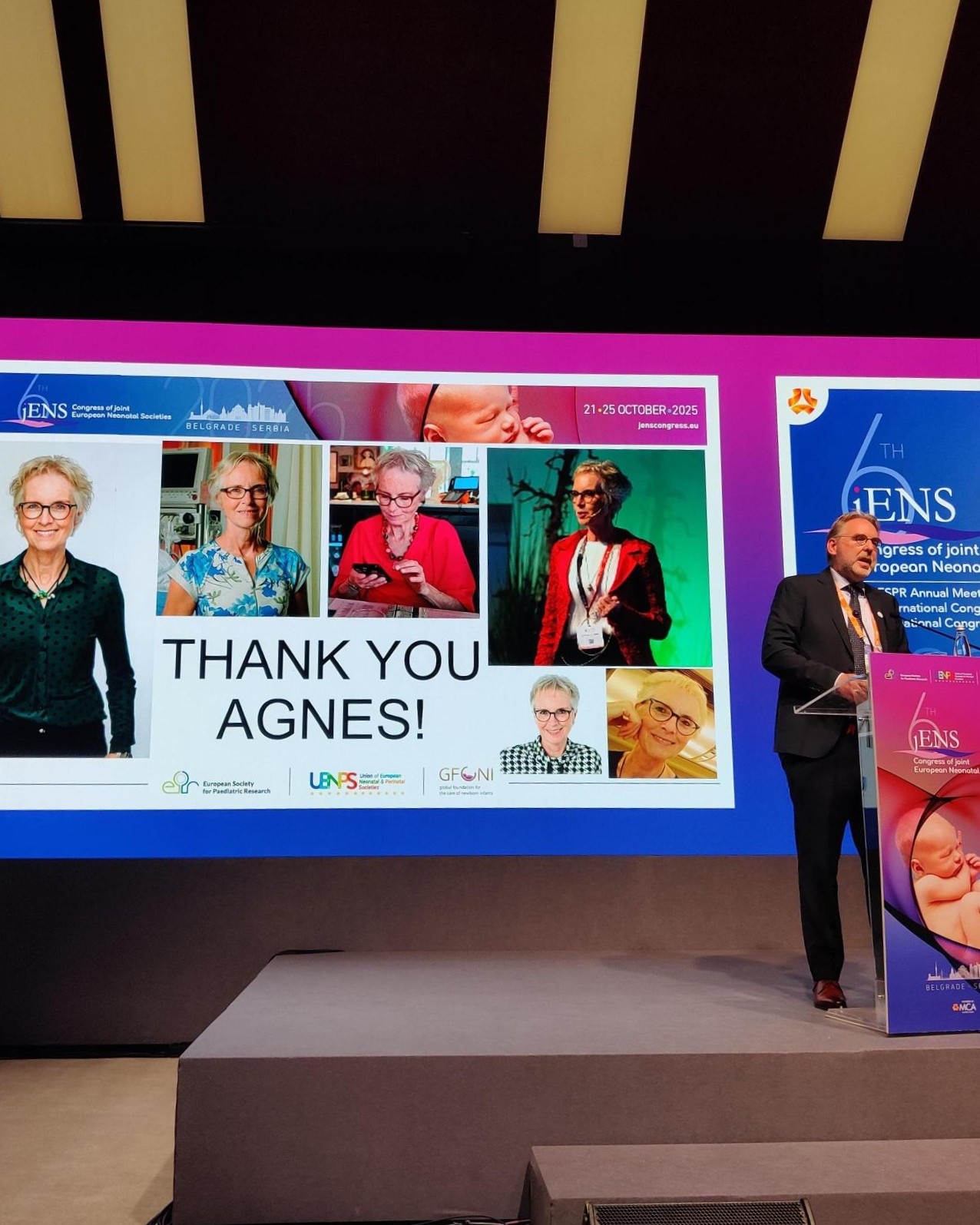 Agnes van den Hoogen receiving the ESPR Award at the ceremony honoring neonatal care leaders at jENS 2025 congress in Belgrade, Serbia