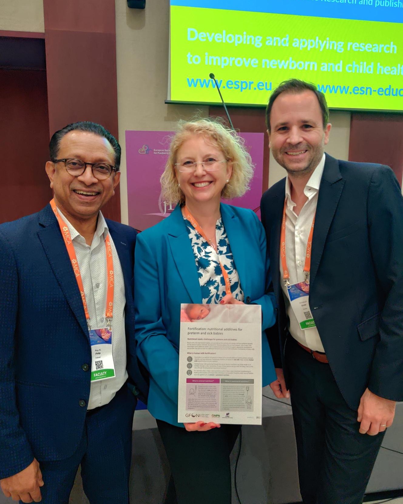 Roy Philip, Silke Mader, Christoph Binder with the GFCNI fortification factsheet at jENS 2025 neonatal congress in Belgrade, Serbia