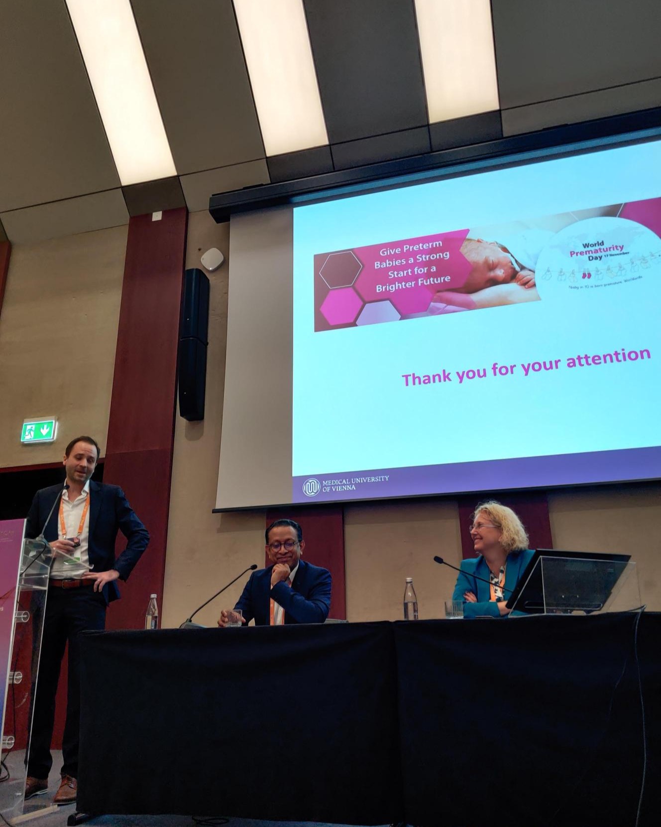 Christoph Binder, Roy Philip, Silke Mader on stage at the lunch symposium on optimal nutrition for preterm infants chaired by Roy Philip and Silke Mader at jENS 2025 in Belgrade, Serbia
