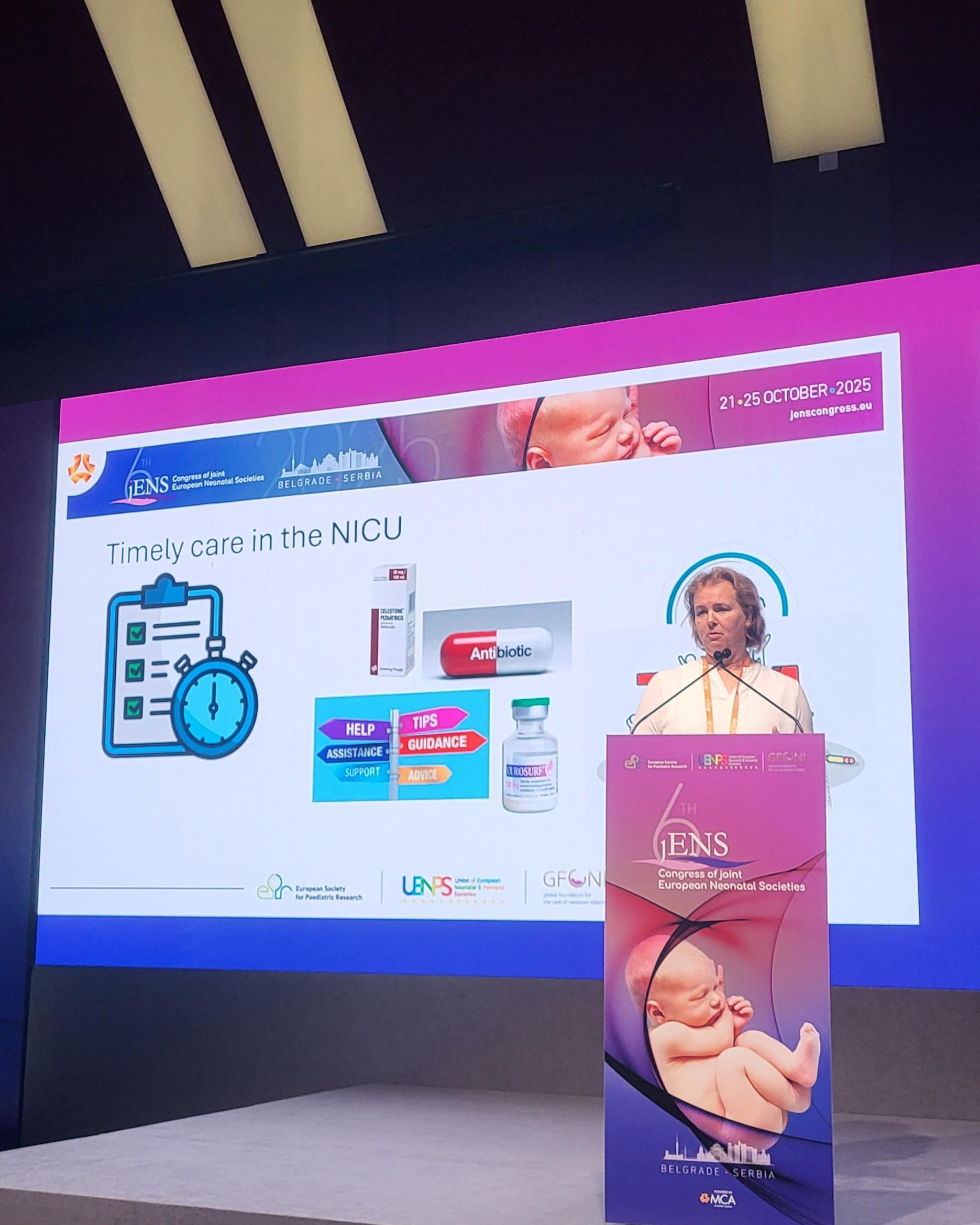 Cynthia van der Starre presenting on stage at jENS 2025 neonatal congress in Belgrade, Serbia