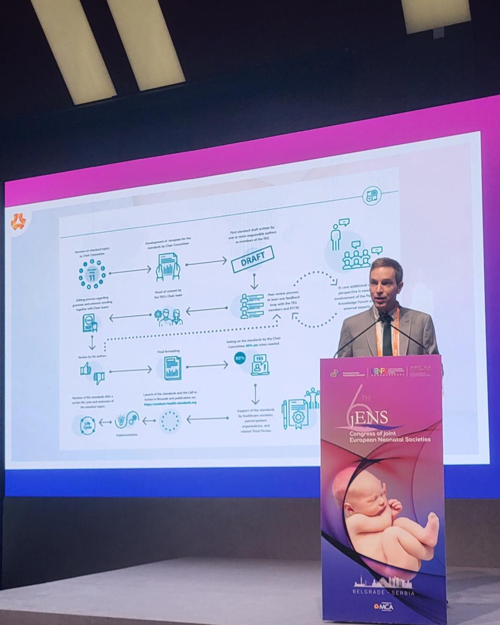 James Webbe presenting on stage at jENS 2025 neonatal congress in Belgrade, Serbia