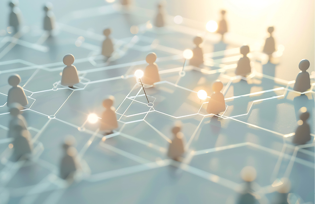 A digital network of connected figures, representing GFCNI’s structured global collaboration.