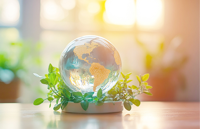 A glass globe with green leaves, symbolising transparency, sustainability, and global impact.