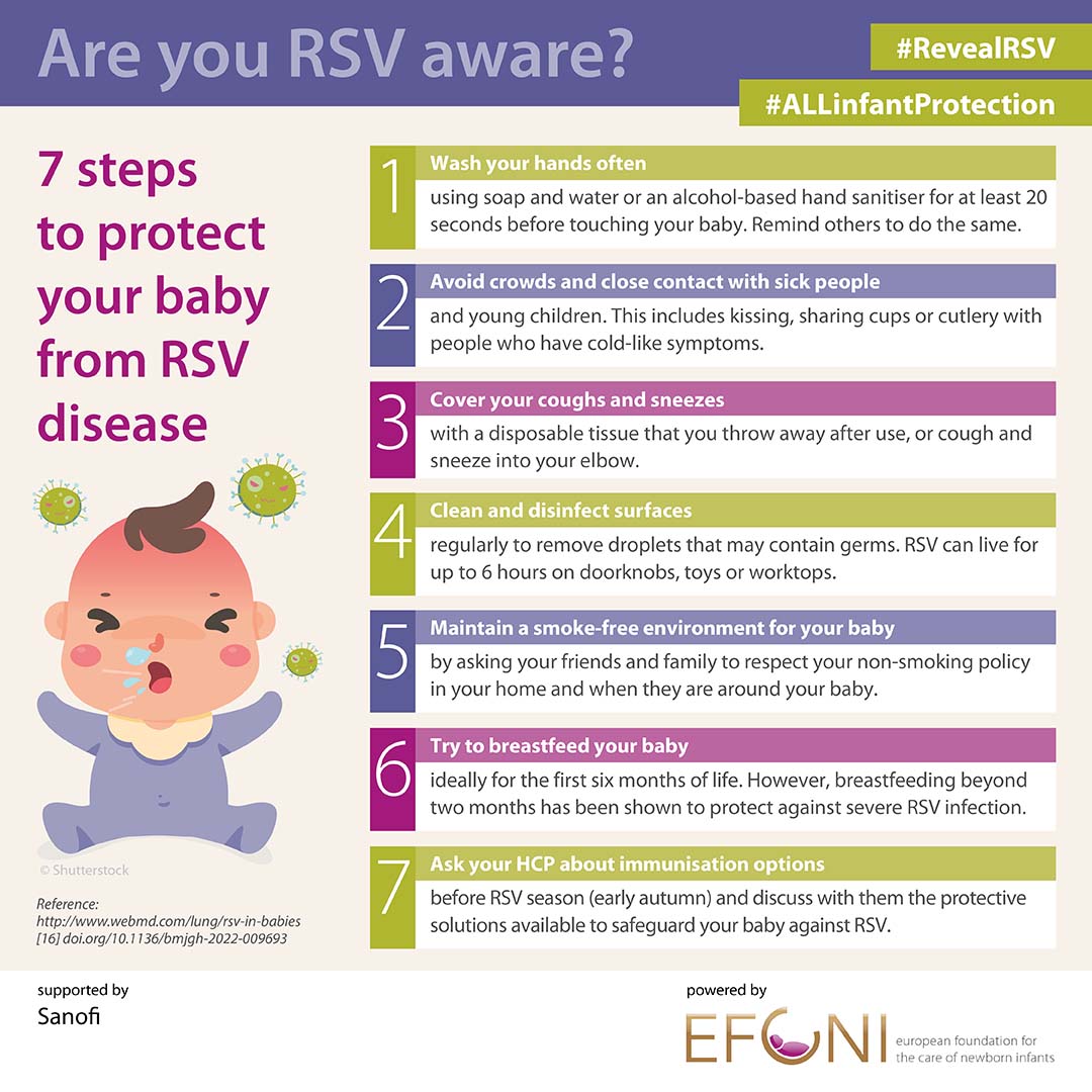 Infographic showing seven RSV prevention steps for parents