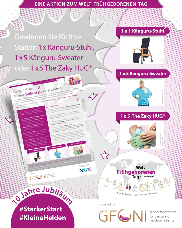 Starker Start Gewinnaktion Grafik zur Gewinnaktion zum Weltfrühgeborenentag der Starker Start Kampagne, die die Gewinne und GFCNI Logos abbildet