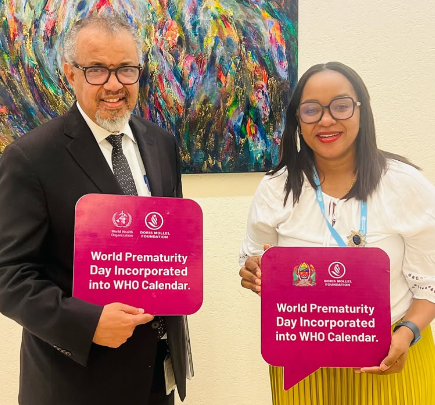 Photo of Doris Mollel & Dr Tedros Adhanom Ghebreyesus  showing that World Prematurity Day is incorporated into WHO calendar