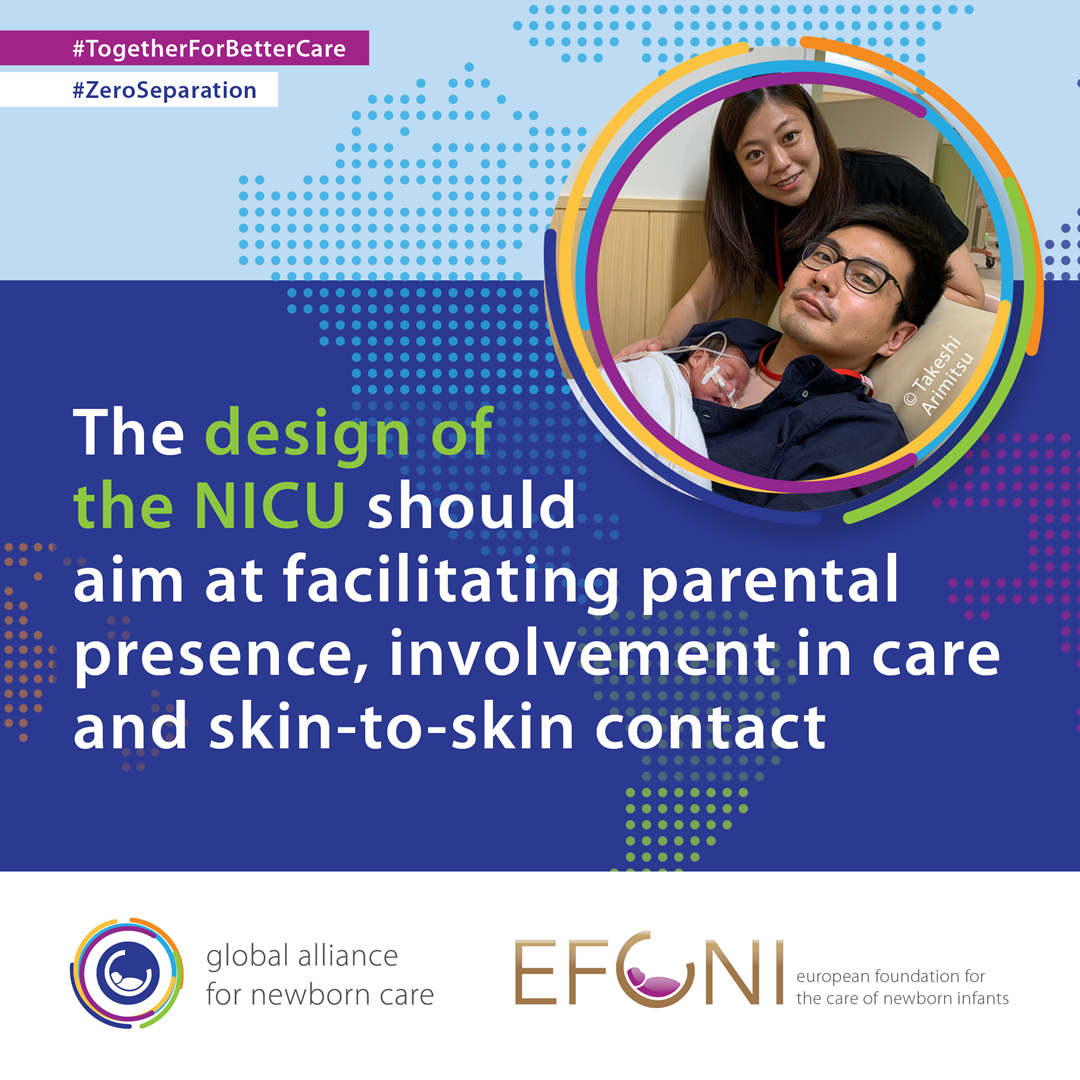 Image showing a father who has placed the baby on his chest. The design of the NICU should aim at facilitating parental presence, involvement in care and skin-to-skin contact.