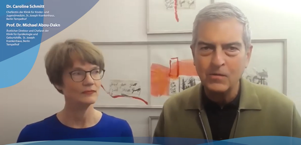 Screenshot of interview with Dr. Caroline Schmitt and Prof. Dr. Michael Abou-Dakn on skin-to-skin contact in the nicu