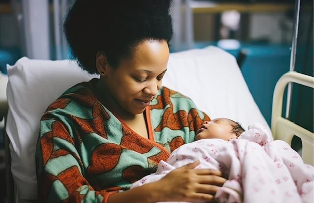 Mother cradling her newborn while recovering after childbirth.