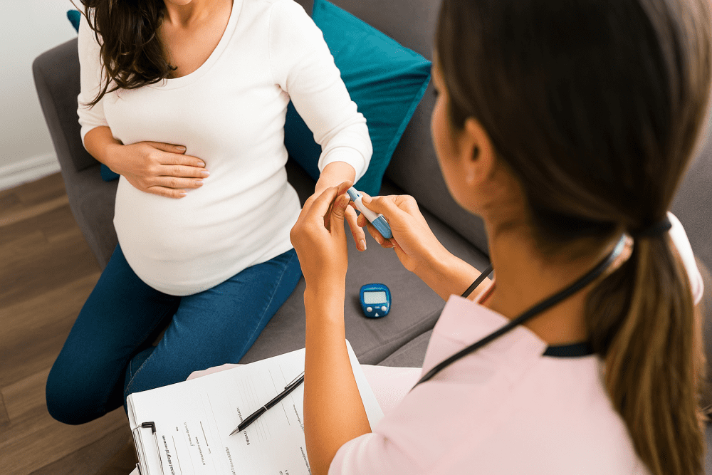 Blood glucose testing during pregnancy Healthcare professional checking a pregnant patient’s blood glucose level with a finger-prick test.