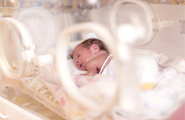 A newborn inside an incubator in a NICU, wearing a nasal feeding tube and sleeping.