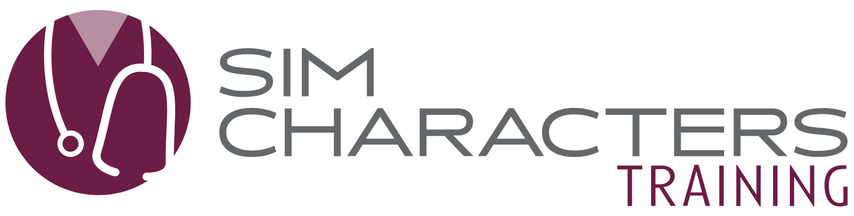 SIMCharacters Training logo with a stylized healthcare professional and stethoscope icon.