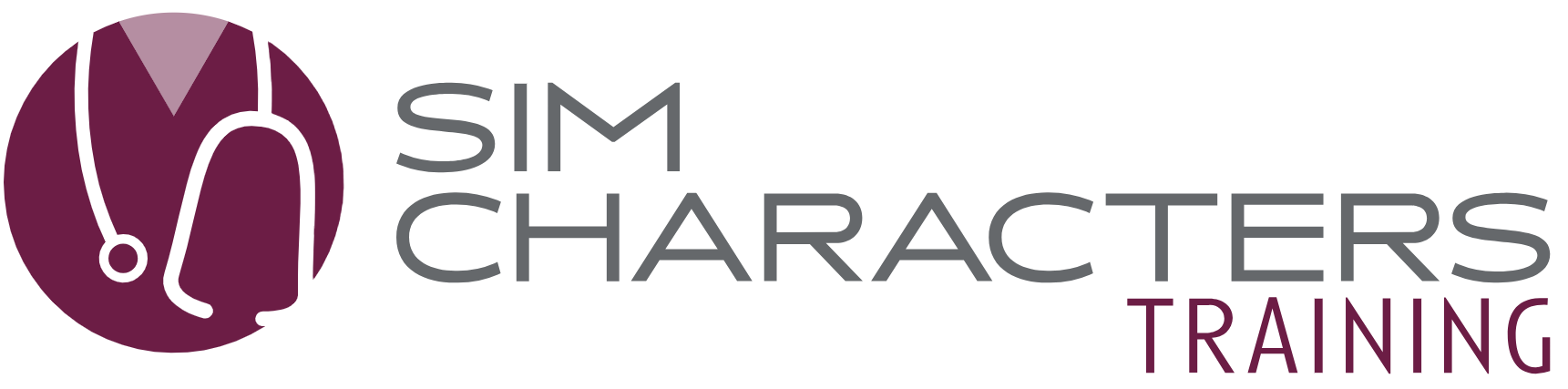 SIM Characters Training logo with a stylized medical professional and stethoscope icon beside the organization’s name.