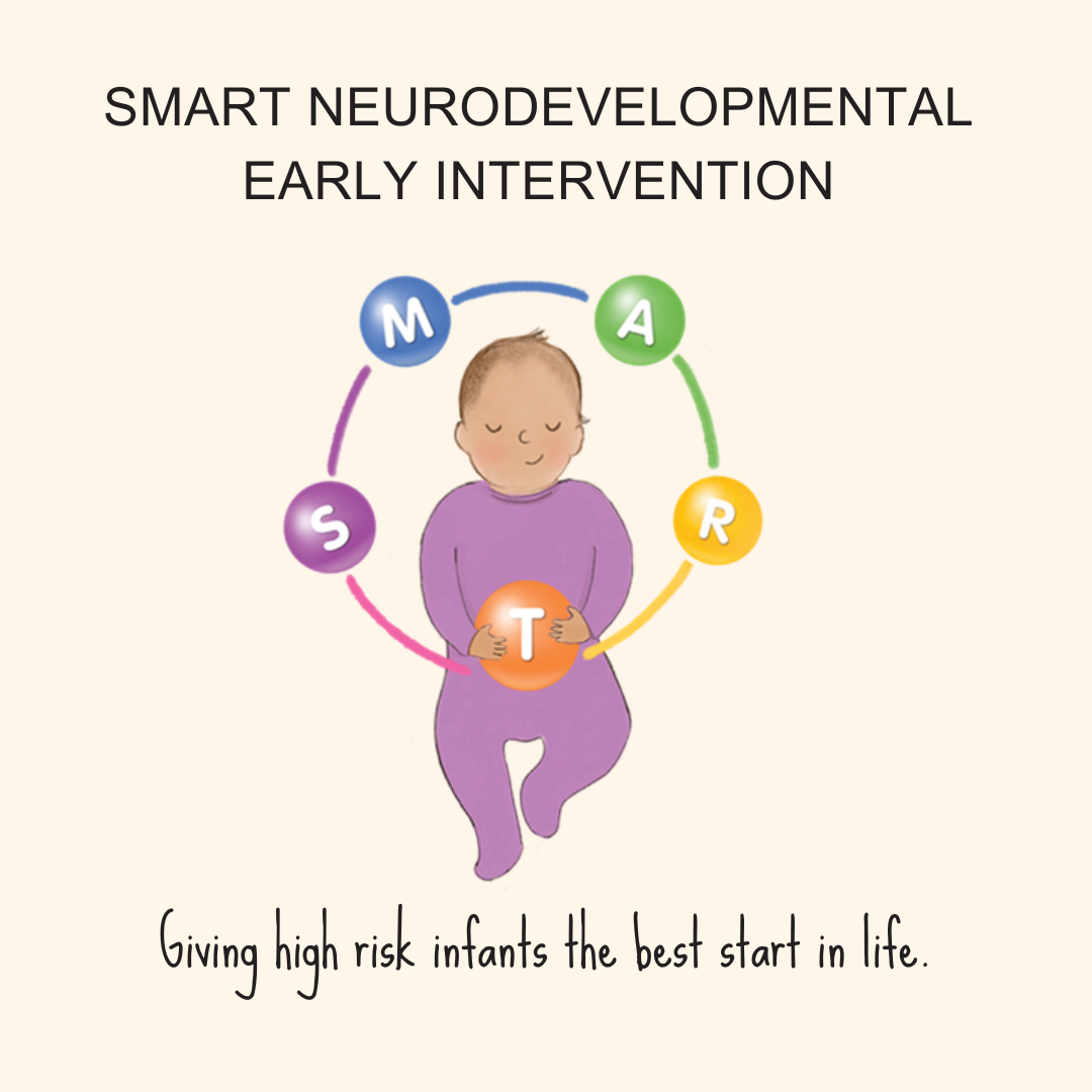 Illustration of a baby seated in the center of a circular diagram labeled S-M-A-R-T, representing the SMART Neurodevelopmental Early Intervention approach. The text reads, “Giving high-risk infants the best start in life.