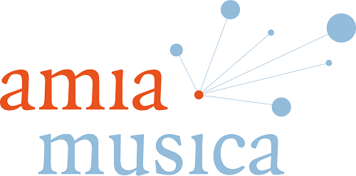 Logo of Amia Musica with orange and blue design and networked dots