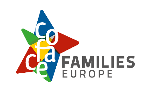 Multicolored star-shaped logo with overlapping shapes and the word “coface” in white letters, alongside gray text reading “Families Europe.”