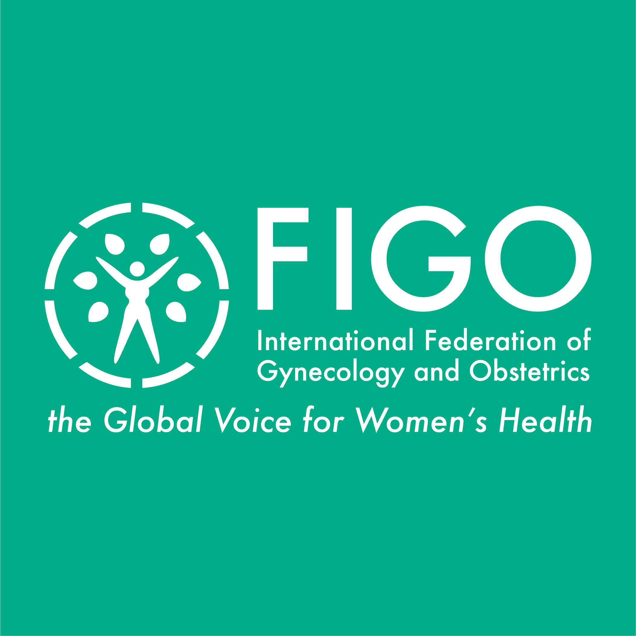 FIGO logo in white on a green background, featuring the organization’s name, emblem, and the tagline “the Global Voice for Women’s Health.”