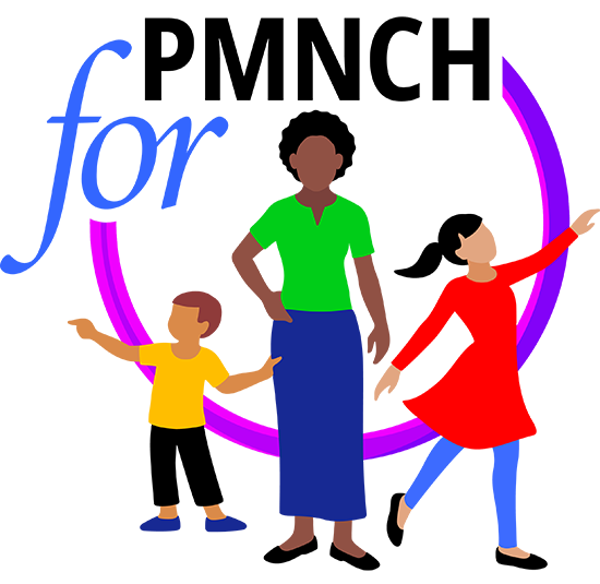 Illustration of a woman and two children in bright colors next to the text “PMNCH for,” with curved purple and blue graphic lines on a white background.