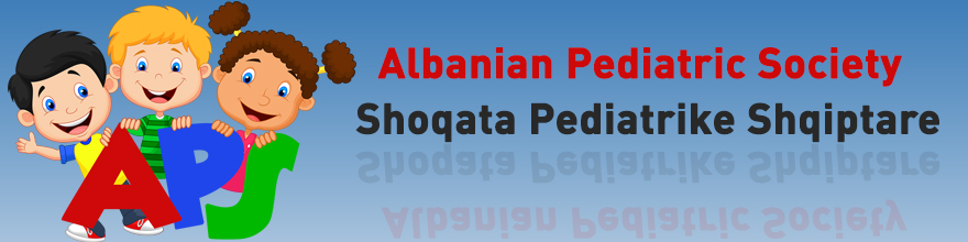 Albanian Pediatric Society logo featuring three illustrated children and the organization’s name in English and Albanian.