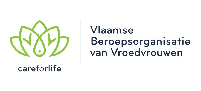 Green floral logo with the words careforlife and Vlaamse Beroepsorganisatie van Vroedvrouwen.