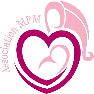 Pink and burgundy Association for Maternal-Fetal Medicine logo featuring a heart-shaped parent and baby symbol.